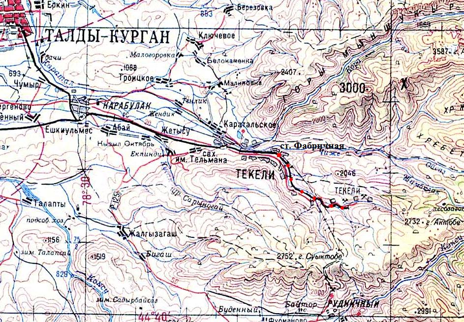 Горная узкоколейная железная дорога Текелийского свинцово-цинкового комбината — схемы и топографические карты Горная узкоколейная железная дорога Текелийского свинцово-цинкового комбината — схемы и топографические карты