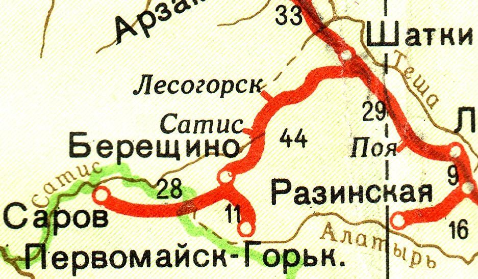 Железнодорожные линии Шатки — Берещино — Первомайск, Берещино — Саров — схемы и топографические карты Железнодорожные линии Шатки — Берещино — Первомайск, Берещино — Саров — схемы и топографические карты